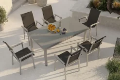 Discount BasicPlus Pro Garten-Essgruppe, silber/anthrazit, Alu/Textilene, ausziehbarer Tisch 180/240 x 100 cm, 6 Stapelsessel Garten-Essgruppen