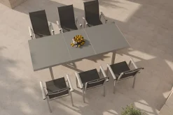 Discount BasicPlus Pro Garten-Essgruppe, silber/anthrazit, Alu/Textilene, ausziehbarer Tisch 180/240 x 100 cm, 6 Stapelsessel Garten-Essgruppen
