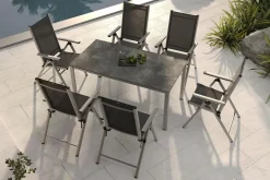 Hot BasicPlus Pro Garten-Essgruppe, silber/anthrazit, Alu/Textilene, 160 x 90 cm, 6 Klappstühle Garten-Essgruppen