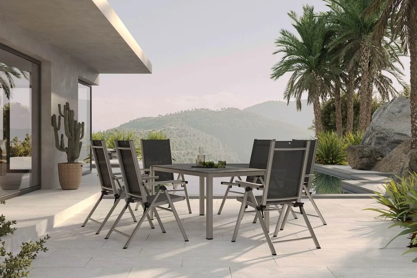 Hot BasicPlus Pro Garten-Essgruppe, silber/anthrazit, Alu/Textilene, 160 x 90 cm, 6 Klappstühle Garten-Essgruppen