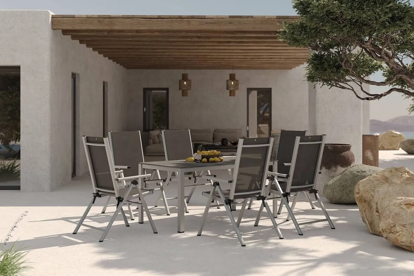 Hot BasicPlus Pro Garten-Essgruppe, silber/anthrazit, Alu/Textilene, 160 x 90 cm, 6 Klappstühle Garten-Essgruppen