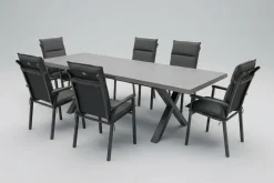 Sale BasicPlus Pro Garten-Essgruppe, anthrazit/schwarz, Aluminium/Steinimitat/Polyester, 200/260 x 100 cm, 6 Stapelsessel, inkl Auflagen Garten-Essgruppen|Aluminium-Gartenmöbel