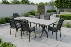 Sale BasicPlus Pro Garten-Essgruppe, anthrazit/schwarz, Aluminium/Steinimitat/Polyester, 200/260 x 100 cm, 6 Stapelsessel, inkl Auflagen Garten-Essgruppen|Aluminium-Gartenmöbel