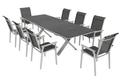 Sale BasicPlus Pro Garten-Essgruppe, silber/anthrazit, Alu/Textilene, ausziehbarer Tisch 180/280 x 100 cm, 8 Stapelsessel Garten-Essgruppen