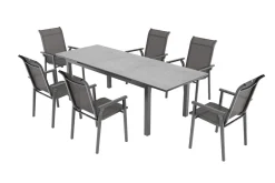 Outlet BasicPlus Pro Garten-Essgruppe, anthrazit, Alu/Textilene, Tisch 180/240 x 90 cm, 6 Stapelsessel Garten-Essgruppen