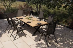 New BasicPlus Pro Garten-Essgruppe mit LED-Beleuchtung, anthrazit/natur, Alu/Holzimitat, 240 x 100 cm, 6 Klappstühle Garten-Essgruppen|Aluminium-Gartenmöbel