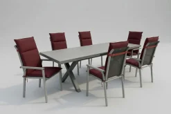 Sale BasicPlus Pro Garten-Essgruppe, silber/bordeaux, Alu/Steinimitat/Polyester, 200/260 x 100 cm, 6 Stapelsessel, Polster inklusive Garten-Essgruppen|Aluminium-Gartenmöbel
