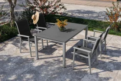 Outlet BasicPlus Pro Garten-Essgruppe, silber/anthrazit, Alu/Textilene, Esstisch 160 x 95 cm, 4 Stapelsessel Garten-Essgruppen