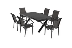 Online BasicPlus Pro Garten-Essgruppe, anthrazit, Alu/Textilene/Spraystone, Tisch 180/280 x 100 cm, 6 Stapelsessel Garten-Essgruppen