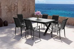 Online BasicPlus Pro Garten-Essgruppe, anthrazit, Alu/Textilene/Spraystone, Tisch 180/280 x 100 cm, 6 Stapelsessel Garten-Essgruppen