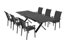 Online BasicPlus Pro Garten-Essgruppe, anthrazit, Alu/Textilene/Spraystone, Tisch 180/280 x 100 cm, 6 Stapelsessel Garten-Essgruppen