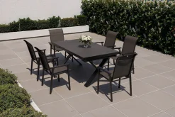 Online BasicPlus Pro Garten-Essgruppe, anthrazit, Alu/Textilene/Spraystone, Tisch 180/280 x 100 cm, 6 Stapelsessel Garten-Essgruppen