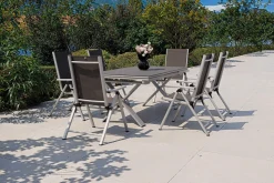 Discount BasicPlus Pro Garten-Essgruppe, silber/anthrazit, Alu/Textilene/Spraystone, 180/280 x 100 cm, 6 Klappstühle Garten-Essgruppen