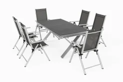 Discount BasicPlus Pro Garten-Essgruppe, silber/anthrazit, Alu/Textilene/Spraystone, 180/280 x 100 cm, 6 Klappstühle Garten-Essgruppen