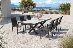 Sale BasicPlus Pro Garten-Essgruppe, anthrazit/schwarz, Alu/Textilene/Steinimitat, 200/260 x 100 cm, 6 Stapelstühle Garten-Essgruppen