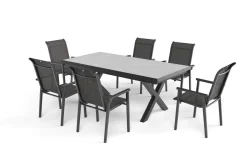 Sale BasicPlus Pro Garten-Essgruppe, anthrazit/schwarz, Alu/Textilene/Steinimitat, 200/260 x 100 cm, 6 Stapelstühle Garten-Essgruppen