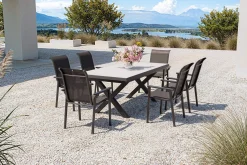 Sale BasicPlus Pro Garten-Essgruppe, anthrazit/schwarz, Alu/Textilene/Steinimitat, 200/260 x 100 cm, 6 Stapelstühle Garten-Essgruppen