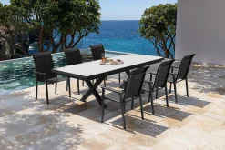 Sale BasicPlus Pro Garten-Essgruppe, anthrazit/schwarz, Alu/Textilene/Steinimitat, 200/260 x 100 cm, 6 Stapelstühle Garten-Essgruppen