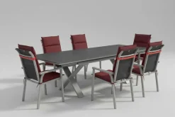 Discount BasicPlus Pro Garten-Essgruppe, silber/bordeaux, Alu/Spraystone/Polyester, 180/280 x 100 cm, 6 Stapelsessel, Polster inklusive Garten-Essgruppen|Aluminium-Gartenmöbel
