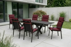 Clearance BasicPlus Pro Garten-Essgruppe, anthrazit/bordeaux, Alu/Polyester/Spraystone, 180/280 x 100 cm, 6 Stapelsessel, Polster inklusive Garten-Essgruppen|Aluminium-Gartenmöbel