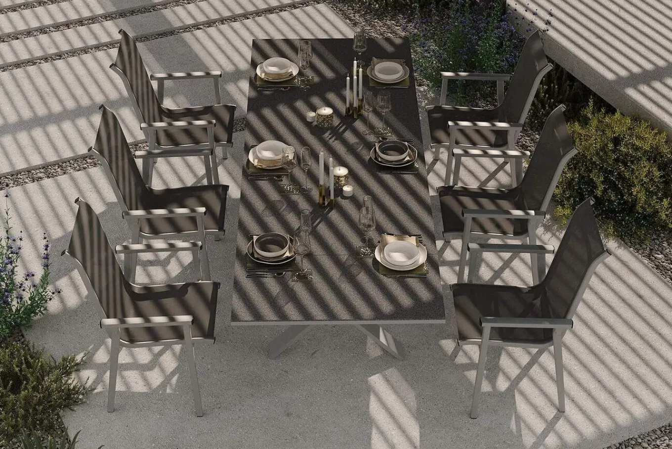 Best BasicPlus Pro Garten-Essgruppe, silber/anthrazit, Alu/Textilene, ausziehbarer Tisch 180/280 x 100 cm, 6 Stapelsessel Garten-Essgruppen