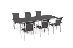 Best BasicPlus Pro Garten-Essgruppe, silber/anthrazit, Alu/Textilene, ausziehbarer Tisch 180/280 x 100 cm, 6 Stapelsessel Garten-Essgruppen