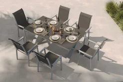 Best BasicPlus Pro Garten-Essgruppe, silber/anthrazit, Alu/Textilene, ausziehbarer Tisch 180/280 x 100 cm, 6 Stapelsessel Garten-Essgruppen