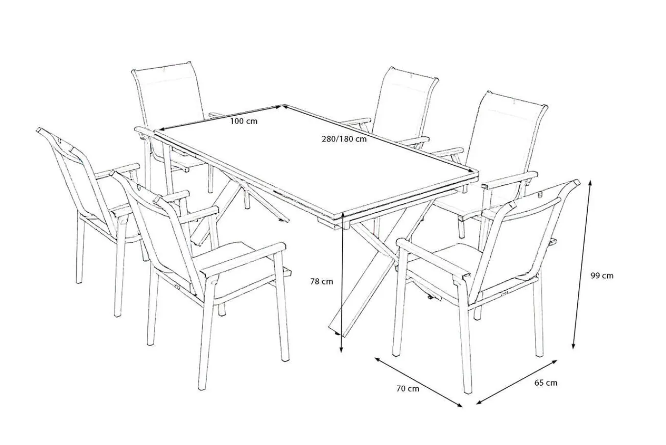Best BasicPlus Pro Garten-Essgruppe, silber/anthrazit, Alu/Textilene, ausziehbarer Tisch 180/280 x 100 cm, 6 Stapelsessel Garten-Essgruppen