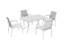 Best Boulevard/Basic Plus Gartenessgruppe, weiß/hellgrau, Aluminium, Klapptisch 140 x 95 cm, 4 Stapelsessel Aluminium-Gartenmöbel