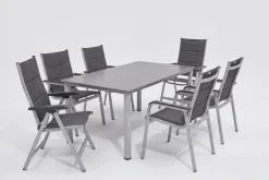 Hot Cubic/ Basic Plus Padded Garten-Essgruppe, silber/anthrazit, Alu/Textilene, Tisch 160x90 cm, 4 Stapelsessel, 2 Klappstühle, gepolstert Aluminium-Gartenmöbel
