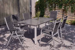Hot Cubic/ Basic Plus Padded Garten-Essgruppe, silber/anthrazit, Alu/Textilene, Tisch 160x90 cm, 4 Stapelsessel, 2 Klappstühle, gepolstert Aluminium-Gartenmöbel