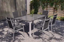 Best Cubic/ Basic Plus Padded Garten-Essgruppe, silber/anthrazit, Alu/Textilene, Tisch 160x90 cm, 6 Stapelsessel Garten-Essgruppen