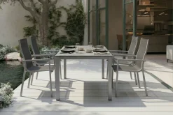 Clearance Cubic Garten-Essgruppe, silber/anthrazit/grau, Alu/Textilene, Tisch 160x90 cm, 4 Stapelsessel Garten-Essgruppen