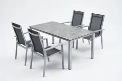 Clearance Cubic Garten-Essgruppe, silber/anthrazit/grau, Alu/Textilene, Tisch 160x90 cm, 4 Stapelsessel Garten-Essgruppen