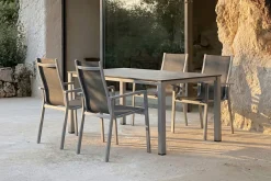 Clearance Cubic Garten-Essgruppe, silber/anthrazit/grau, Alu/Textilene, Tisch 160x90 cm, 4 Stapelsessel Garten-Essgruppen