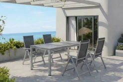 New Cubic Garten-Essgruppe, silber/anthrazit/grau, Alu/Textilene, Tisch 160 x 90 cm, 4 Klappstühle Garten-Essgruppen