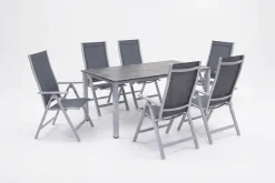 Discount Cubic Garten-Essgruppe, silber/anthrazit/grau, Alu/Textilene, Tisch 160 x 90 cm, 6 Klappstühle Garten-Essgruppen