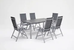 Discount Cubic Garten-Essgruppe, silber/anthrazit/grau, Alu/Textilene, Tisch 160 x 90 cm, 6 Klappstühle Garten-Essgruppen