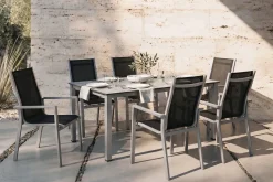 Sale Cubic Garten-Essgruppe, silber/anthrazit/grau, Alu/Textilene, Tisch 160x90 cm, 6 Stapelsessel Garten-Essgruppen