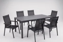New Esstischgruppe, anthrazit/anthrazit, Kettalux-Plus Dining-Tisch 160x95cm, 6 Stapelsessel BasicPlus Garten-Essgruppen|Aluminium-Gartenmöbel