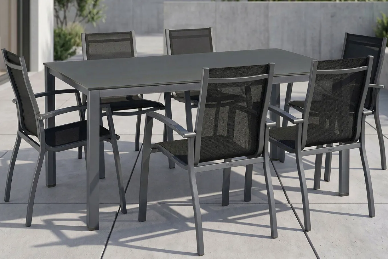 Outlet Esstischgruppe, anthrazit/anthrazit, Kettalux-Plus Dining-Tisch 160x95cm, 6 Stapelsessel Altura Garten-Essgruppen|Aluminium-Gartenmöbel