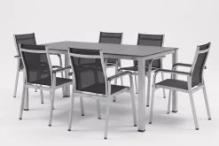 Clearance Esstischgruppe, silber/anthrazit, Kettalux-Plus Dining-Tisch 160x95cm, 6 Stapelsessel BasicPlus Garten-Essgruppen|Aluminium-Gartenmöbel