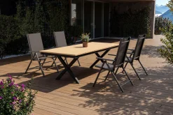 Best Exklusivmodell BasicPlus Pro, Garten-Essgruppe mit LED-Beleuchtung, anthrazit/natur, Alu/Holzimitat, 240 x 100 cm, 4 Klappstühle Garten-Essgruppen