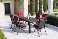 Discount Garten-Essgruppe, anthrazit/bordeaux, Alu/Polyester, 180/240 x 100 cm, ausziehbar, 6 Klappstühlen inkl. Auflagen Garten-Essgruppen