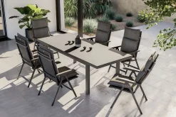 Online Garten-Essgruppe, anthrazit/grau, Alu/Glas/Textilene/Polyester, 180/240 x 100 cm, ausziehbar, klappbar, wasserabweisend, UV-beständig Garten-Essgruppen