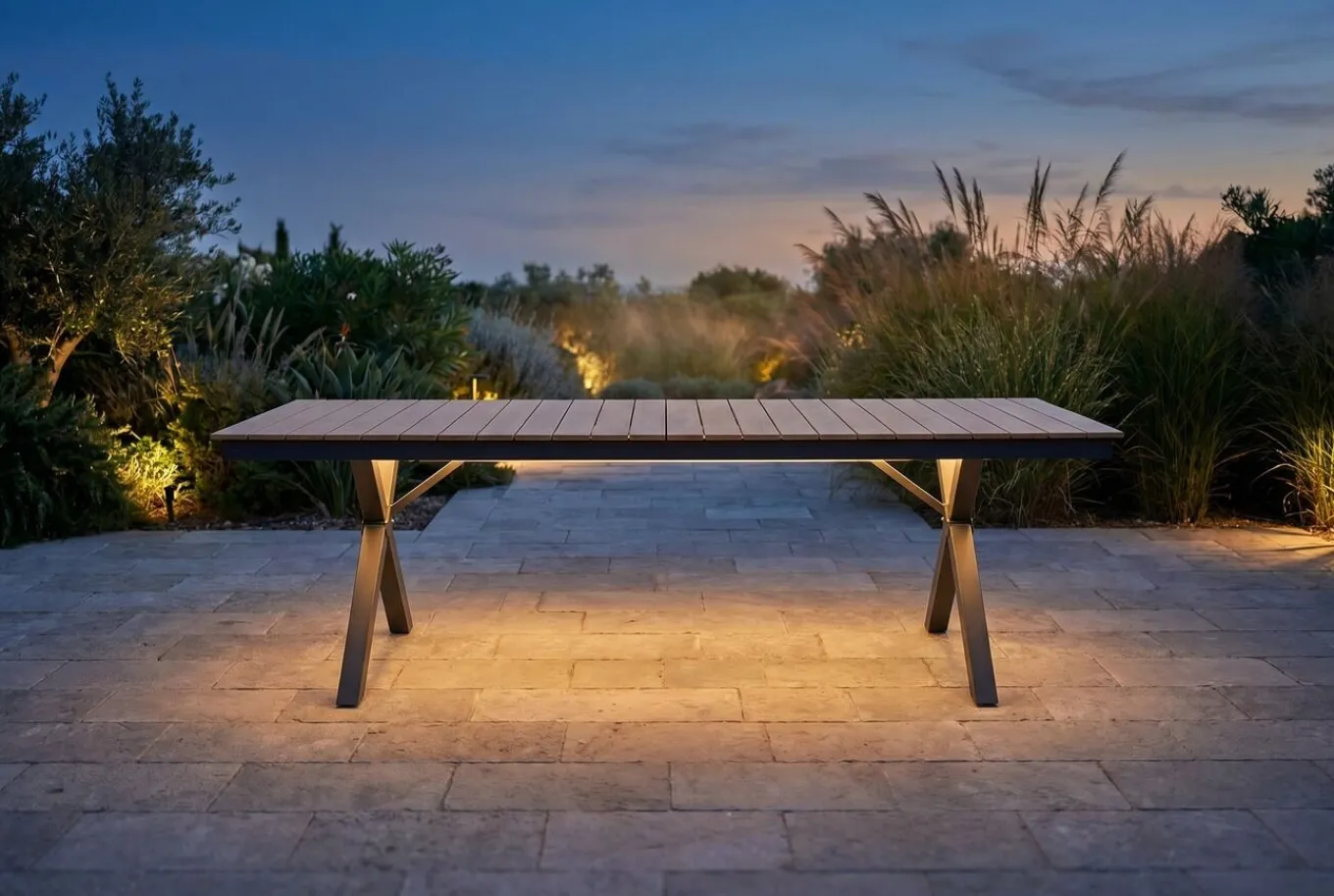 New Garten-Essgruppe mit LED-Beleuchtung, anthrazit/natur, Aluminium/Holzimitat/Textilene, 240 x 100 cm Tisch, 6 Klappstühle Garten-Essgruppen|Aluminium-Gartenmöbel