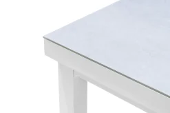 Outlet Garten-Essgruppe mit 6 Stapelsesseln, weiß matt/hellgrau, Alu/Outdoorgewebe, Ausziehtisch 180/240 x 100 cm Tisch Garten-Essgruppen|Aluminium-Gartenmöbel