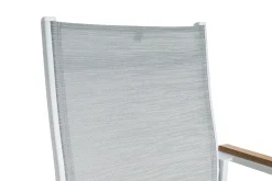 Clearance Garten-Essgruppe mit 6 Stapelstühlen, weiß/hellgrau, Alu/Textilene, Ausziehtisch mit Glasplatte 180/240 x 100 cm Garten-Essgruppen|Aluminium-Gartenmöbel