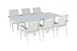 Clearance Garten-Essgruppe mit 6 Stapelstühlen, weiß/hellgrau, Alu/Textilene, Ausziehtisch mit Glasplatte 180/240 x 100 cm Garten-Essgruppen|Aluminium-Gartenmöbel