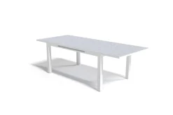 Clearance Garten-Essgruppe mit 6 Stapelstühlen, weiß/hellgrau, Alu/Textilene, Ausziehtisch mit Glasplatte 180/240 x 100 cm Garten-Essgruppen|Aluminium-Gartenmöbel